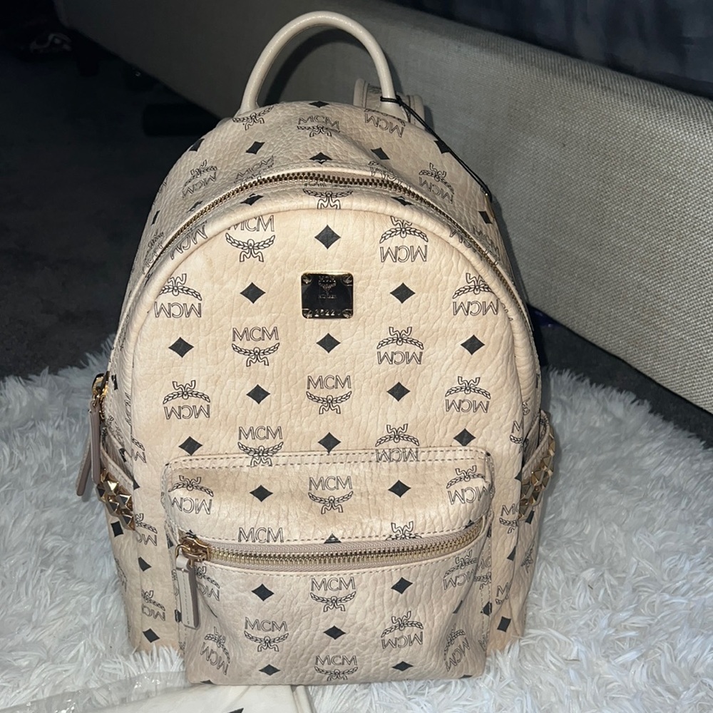 MCM Beige and Black Logo Backpack